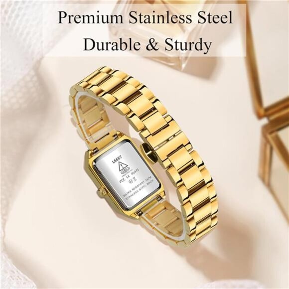 Gold Stainless Steel Quartz Bracelet Watch for Women Elegant Waterproof Gift - Picture 5 of 7